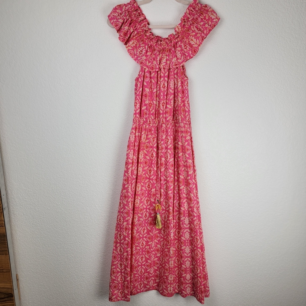 THML Off Shoulder Cotton Summer Sundress Maxi Pink Medium